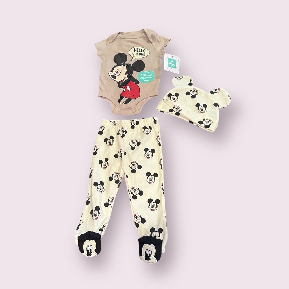 NWT Disney Baby Mickey Mouse 3-Piece Baby Set Pants Body Suit Hat Size 6/9 Mon